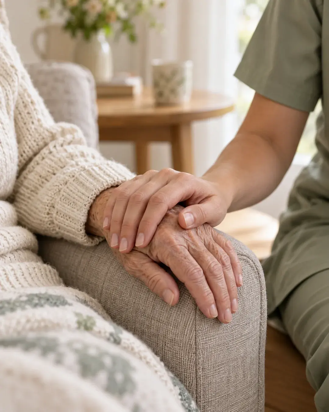 Die Hand einer Pflegekraft liegt behutsam auf der Hand einer älteren Frau