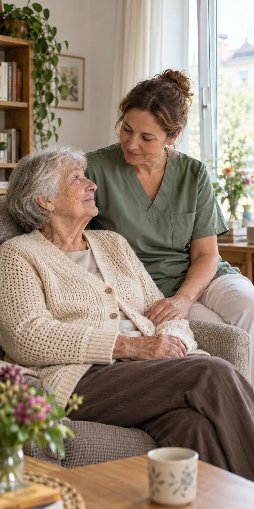 Eine Pflegekraft hört einer älteren Frau in ihrem Wohnzimmer aufmerksam zu